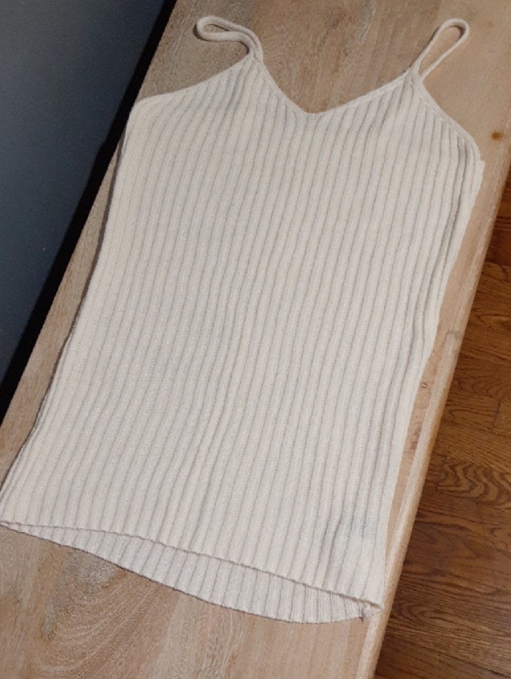 Cream Ribbed Knit   V-Neck Dress